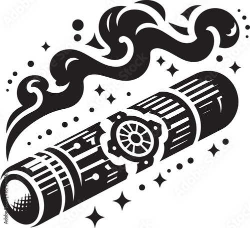 Stylized Black and White Vector Illustration of a Cigar with Artistic Smoke and Decorations