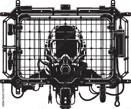 Futuristic astronaut with a complex protective mask inside a metal cage for protection