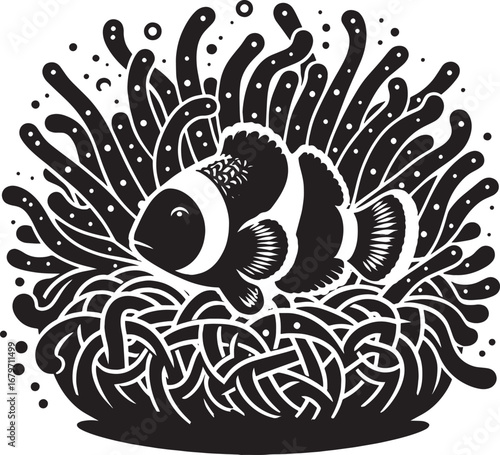 Black and White Vector Illustration of a Clownfish in an Anemone Habitat with Delicate Details