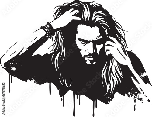 Monochromatic portrait of a man with long flowing hair in though