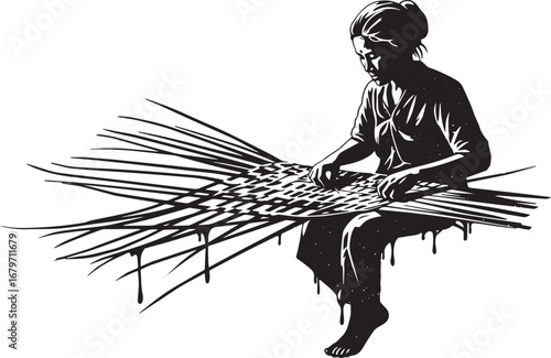 Artisan craftsmanship monochrome drawing of a woman weaving trad