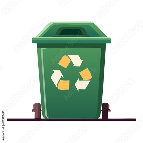 Green recycling bin with recycling symbol, a container for collecting recyclable materials and promoting waste reduction.