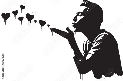 Silhouette of a man blowing hearts kiss, symbol of affection and