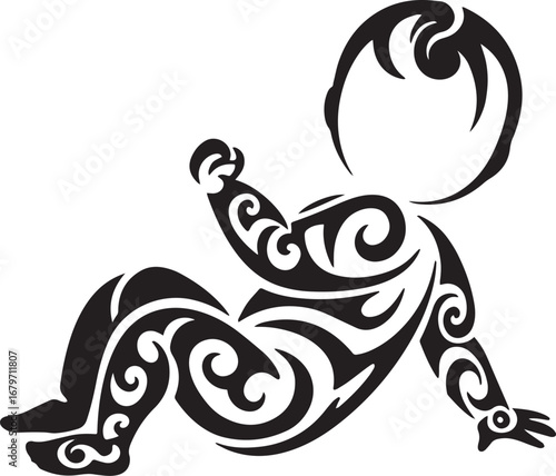 Stylized infant icon showcasing a tribal tattoo design on a whit