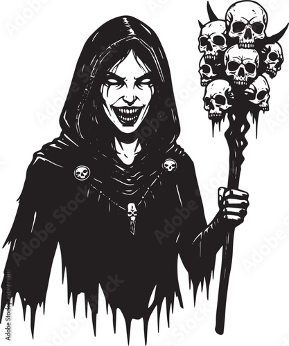 Sinister sorceress with skull staff black and white illustration