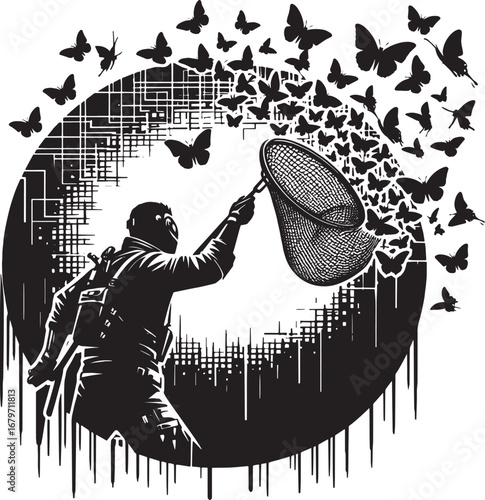 An intricate black and white illustration depicting a person capturing butterflies with a net