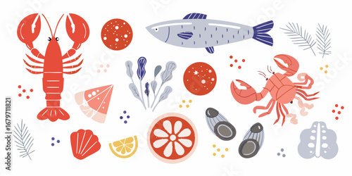 A vibrant collection of seafood and aquatic elements including lobsters fish crabs shells and citrus slices