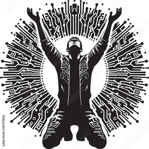 Conceptual illustration of a person embracing technology and the digital world with open arms