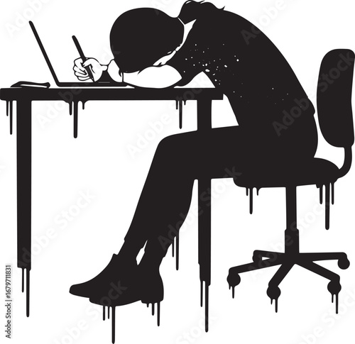 Exhausted creative burnout artistic depiction in black and white