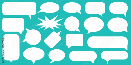 Collection of diverse white speech bubbles and thought bubbles on a teal background