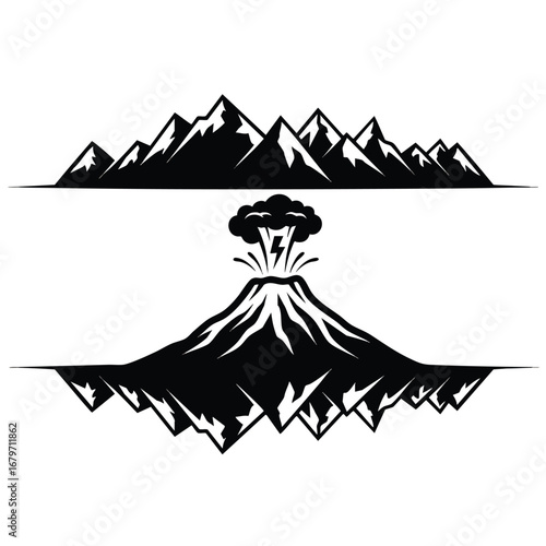 Mountain Range and Erupting Volcano Black and White Illustration.