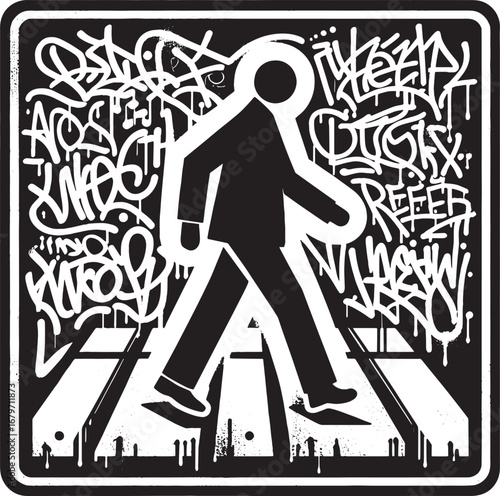 Graffiti Art Crosswalk Sign Depicting Pedestrian Crossing with Street Art Background Design