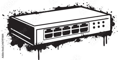 Monochromatic network switch icon surrounded by paint splatter e