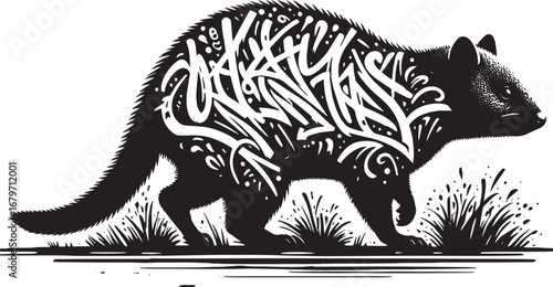 Illustration of a stylized animal with graffiti elements in a black and white design