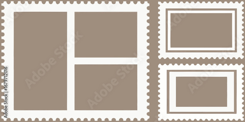 Collection of three white postage stamp frames with perforated edges on a muted brown background