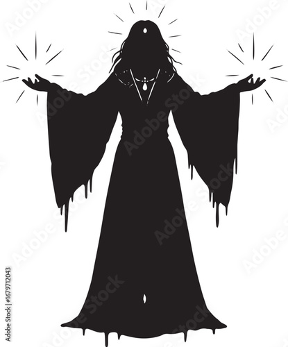 Mystical sorceress illustration with celestial energy emanating