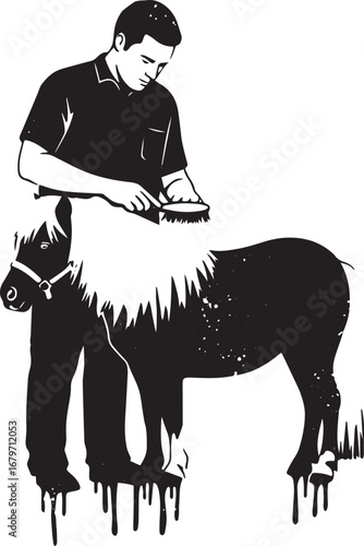 Stylized monochrome grooming scene of a man brushing a pony illu