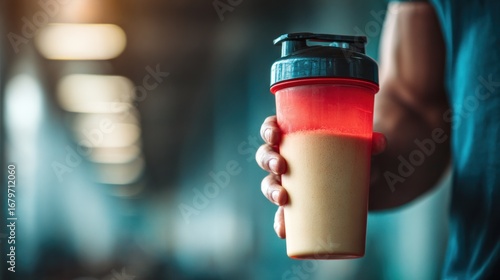 Hand holding a protein shake