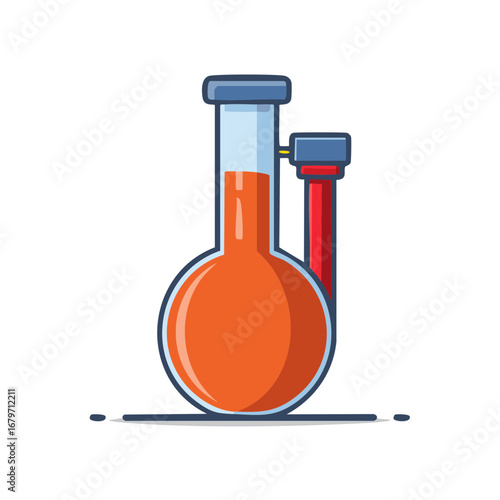 Round bottom flask with orange liquid, chemistry lab equipment illustration