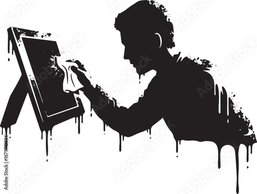 Silhouette cleaning a frame, expressing order and meticulousness