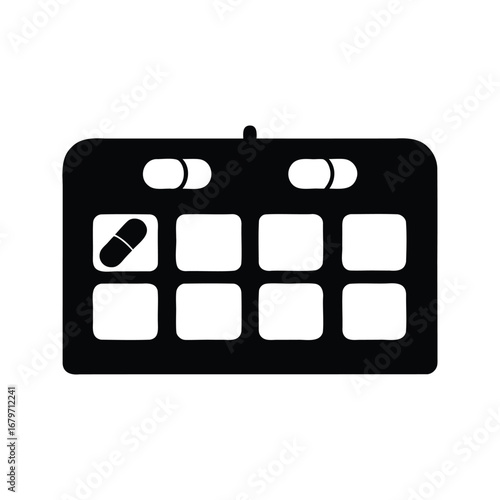 Pill organizer vector icon, medication dispenser, daily dose reminder in black, daily pill organizer silhouette vector illustration