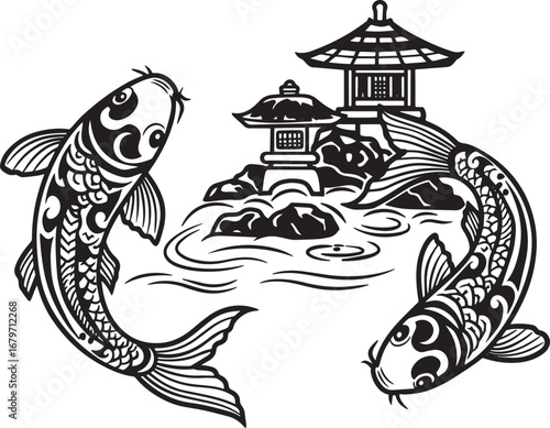 Tranquil Zen Garden Illustration with Koi Fish and Pagoda Silhou