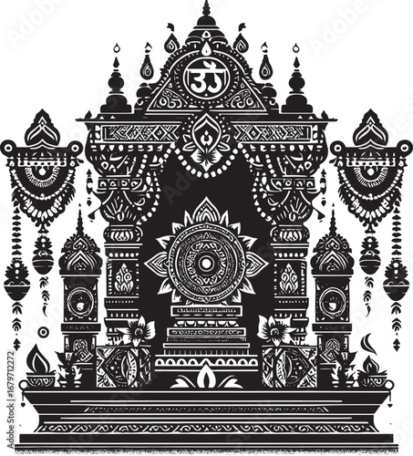 Detailed illustration of an Indian temple with intricate designs and cultural symbolism