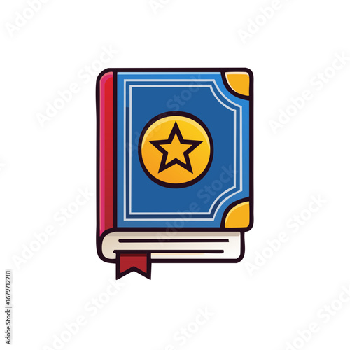 Blue Magic Spell Book with Golden Star Icon Cartoon Style Vector Illustration