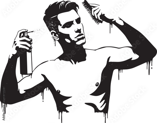 Monochrome illustration of a man styling his hair with spray and