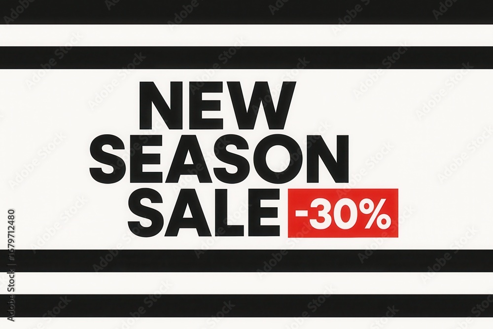 Fototapeta premium Eye-catching NEW SEASON SALE -30% retail discount banner, modern minimalist style for compelling promotional offers on transparent background.