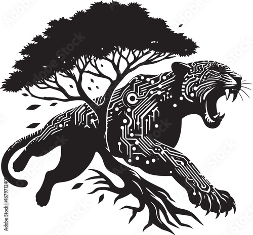 Digital Leopard: A Fusion of Nature, Technology, and Aggression in Stunning Black and White