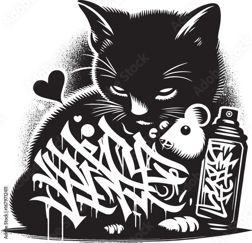 Black and White Graffiti Art Featuring a Kitten, Mouse, Spray Can, and Heart Symbol