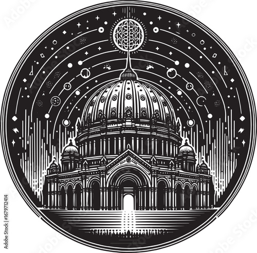 Intricate Black and White Illustration of a Cathedral with Celestial and Architectural Elements