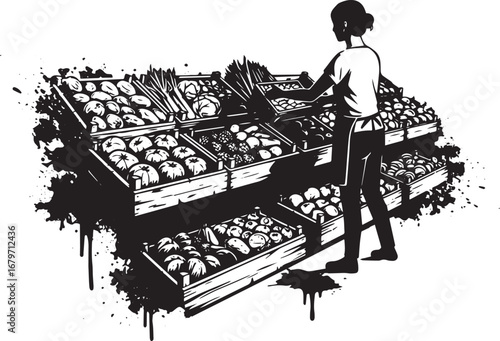 Monochrome illustration featuring a woman arranging produce at a