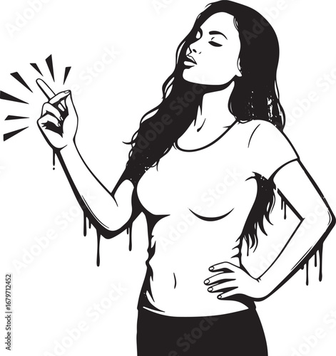 Confident woman snapping her finger in black and white illustrat