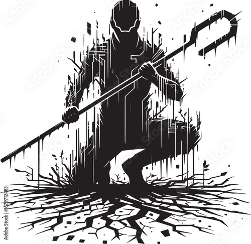 Conceptual digital warrior with staff emerging from fractured ground, futuristic illustration