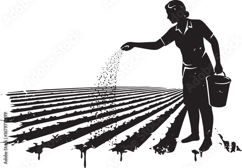 Monochrome vector silhouette of a woman sowing seeds in a field