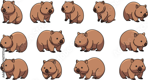 Cartoon wombats in grid layout, cute marsupials. Animal illustration, wildlife, adorable, fauna, mammal, nature, design element, australia