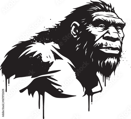 Monochrome graphic depiction of a neanderthal man with splatter
