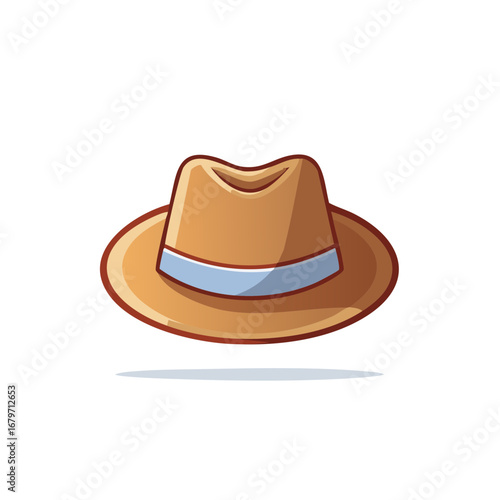Classic Brown Fedora Hat with Blue Band Cartoon Style Vector Illustration