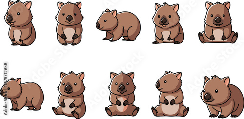Cute wombat cartoons in various poses. Australian animals, wildlife, mammal, illustration, marsupial, fauna, adorable, animal, cartoon, nature.