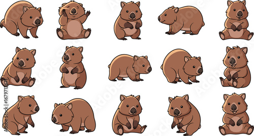 Wombats in various poses. Cartoon marsupials illustration, Australian wildlife, cute animal, nature, mammal, wildlife, playful, friendly, adorable, funny, happy, character