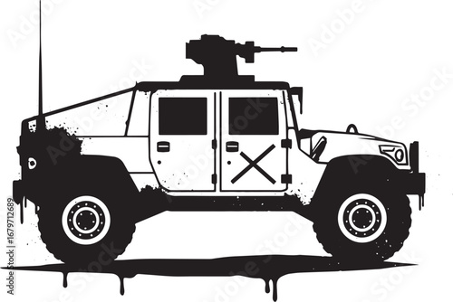 Stylized Black and White Illustration of an Armored Military Veh