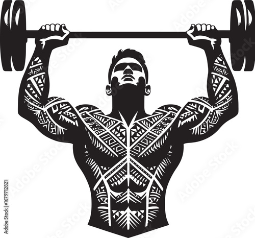 Strong Man with Barbell Overhead: Fitness, Gym, Workout, Exercise, and Bodybuilding Illustration