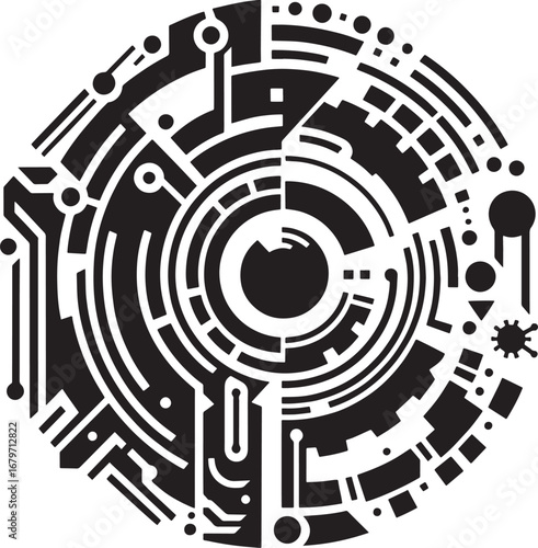 Abstract black and white digital circuit design forming a circle representing technology