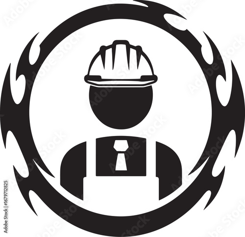 Stylized construction worker silhouette encased in a tribal flam