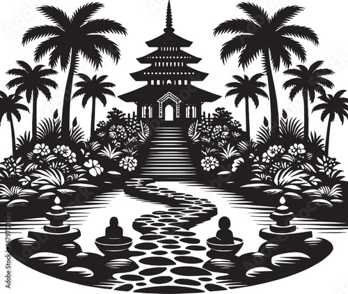 Silhouette of Japanese Pagoda Temple with Palm Trees and Garden Pathway Design