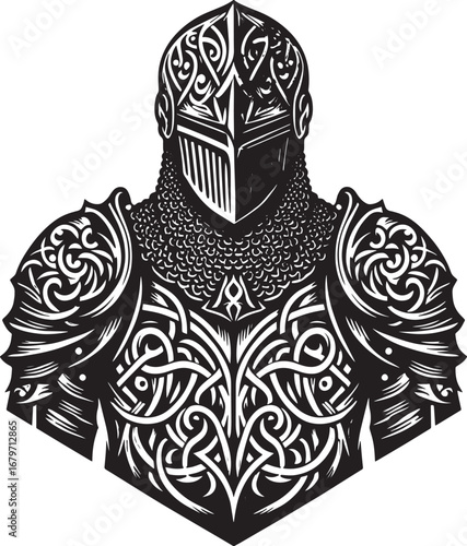 Detailed Black and White Illustration of a Knight's Armor Depicting Strength and Protection