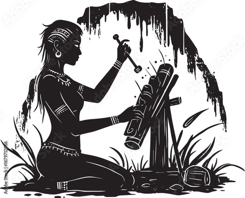Monochrome illustration featuring a woman crafting a traditional