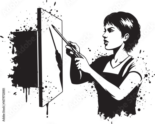 Illustrative woman diligently repairing a structure with focused